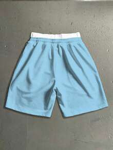 Salvezio Men's Double-Layer Drawstring Waist Colorblock Letter Print Casual Sweat Shorts - Baby Blue - View 3
