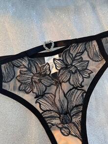 Slumberist Flower Embroidered Mesh & Rhinestone Decor Heart Shaped Ring Adornment Bra & Panty Lingerie Set - Black - View 4