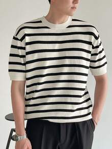 DAZY Camiseta de punto de verano para hombre con estampado de rayas - Beis - Ver 9
