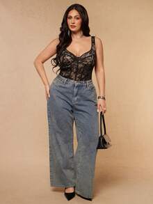 SHEIN BAE CURVE 大尺碼女款蕾絲性感連身內衣 - 黑色 - 查看 4