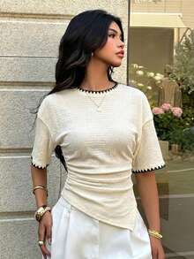 Aloruh Women's Beige Textured Crewneck Tee; Ruched Waist, Side Slit, Shell-Edge Trim; Boho/Beach; Date/Party/Cocktail/Formal/Vacation/Wedding-Guest - Light Yellow - View 6
