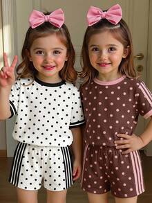 SHEIN LMoss Kids 少女休閒時尚圓領短袖波點T恤與休閒短褲兩件套，適合夏季、休閒放鬆、返鄉 - 彩色 - 查看 2