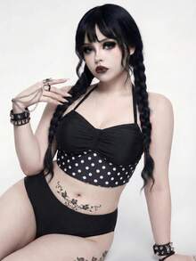 ROMWE Goth 大尺碼女款夏季海灘掛脖波點上衣與三角比基尼泳褲套裝 - 黑與白 - 查看 1