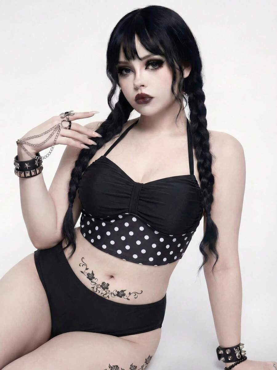 ROMWE Goth 大尺碼女款夏季海灘掛脖波點上衣與三角比基尼泳褲套裝 - 黑與白 - 查看 1