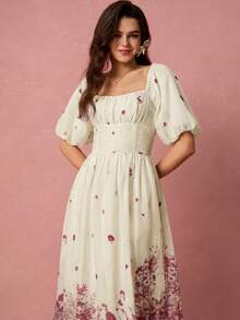 Enchnt Summer Elegant Women's Pink Floral Floral Print Square Neck Petal Sleeve Long Dress, Holiday Vacation Sweet Picnic Vacation Prom Birthday Ceremony - Pink - View 10