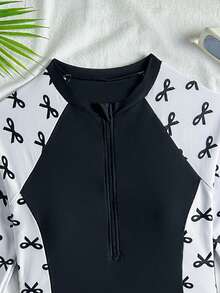 SHEIN 青少年女孩連身褲裙，半拉鍊設計與蝴蝶結印花，適合夏季度假、海灘、海邊、泳池、游泳 - 黑色 - 查看 4