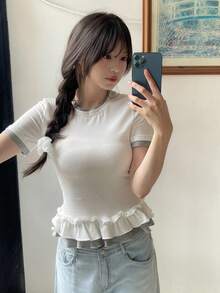 DAZY 女款圓領對比色韓系可愛短袖T恤，適合學校、夏季日常、約會，白色 - 白色 - 查看 3