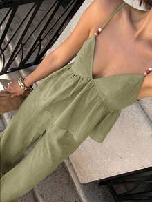 Siren Gaze Women's Solid Color Ruffle Hem Camisole Top And Pants 2 Pieces Set - Olive Green - View 6