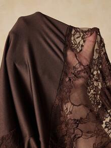 HautHeat Women's Sexy Lace Patchwork Long Sleeve Sheer Asymmetrical Neckline Top - Coffee Brown - View 8