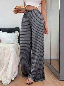 Dream Adore Women's Casual Long Pajama Pants Yarn-Dyed Striped Wide Leg Sleep Pants 2pcs/Set - Multicolor - View 8