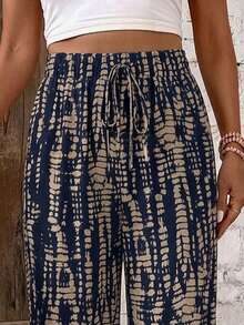 SHEIN Frenchy Women's Navy Blue Waist Tie Loose Casual Boho Long Pants For Vacation Beach Autumn - Navy Blue - View 3