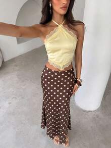 Aloruh 女款夏季新款黃色浪漫優雅性感通勤派對日常海灘度假蕾絲緞面拼接上衣低腰黃色棕色波點裙兩件套 - 黃色 - 查看 6