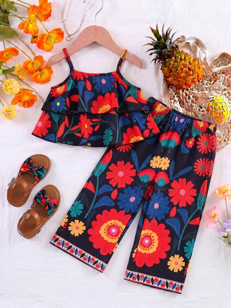 SHEIN Playful Pals 2件組 幼女花卉印花寬鬆吊帶上衣+長褲 黑色夏季趣味度假休閒套裝 舒適透氣面料