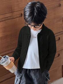 SHEIN 小男孩拉鍊純色休閒百搭日常出遊開襟外套 - 黑色 - 查看 4