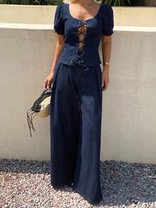 DAZY Women's Square Neck Short Sleeve Denim Top And Loose Wide Leg Long Pants Set Summer Vacation Navy Blue Casual - Dark Wash - View 3