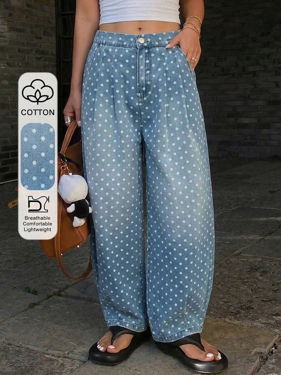 DAZY 女款商務休閒波點圖案口袋長褲 夏季 - 中等水洗藍 - 查看 1