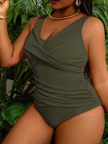 Slaydiva Baju Renang Wanita Ukuran Besar Model One-Piece Warna Polos yang Melangsingkan dan Menonjol, Modis, Kasual, untuk Liburan dan Pantai - Hijau Tentara - View 4