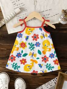 LOONEY TUNES X SHEIN GraphicGems Baby Girl Summer Bow Colorful Floral All-Over Print Spaghetti Strap Dress - Multicolor - View 5