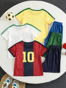 SHEIN Conjunto deportivo de 6 piezas multicolor con patchwork para niños, adecuado para clase de educación física escolar, correr al aire libre, ropa deportiva - Multicolor - Ver 3