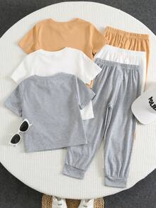 SHEIN 6件装男童夏季套装，白色、蓝色、绿色条纹短袖T恤和裤子套装，舒适休闲，适合日常穿着。 - 彩色 - 查看 3