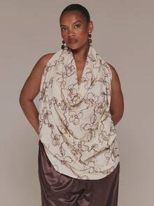 MUSERA Curve Cream Floral Embroidered Extreme Cowl Longline Top Spring Summer Vacation Holiday Elegant Evening Sexy Un Roma - Multicolor - View 1