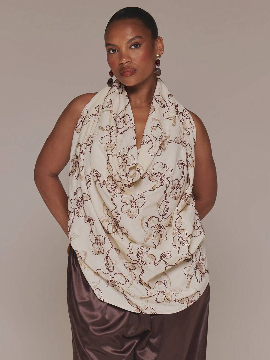 MUSERA Curve Cream Floral Embroidered Extreme Cowl Longline Top Spring Summer Vacation Holiday Elegant Evening Sexy Un Roma - Multicolor - View 1