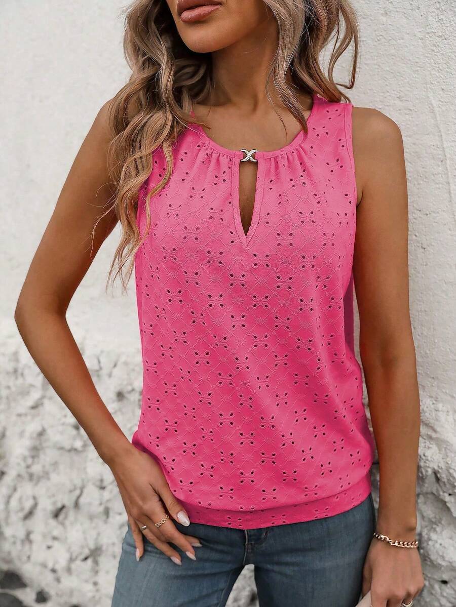 Vaclyn Women's Vacation Hollow Design Keyhole Neckline Casual Tank Top - Hot Pink - View 1