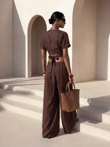 Zivah Women's Vacation Casual Solid Color Twist Front Cropped Top And Long Pants 2pcs Set Beach Coffee Brown Summer - Rust Brown - View 3