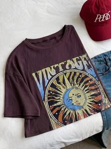 Comfortcana Camiseta suelta de talla grande con estampado de sol, primavera/verano - Marrón Chocolate - Ver 6
