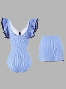 Swim Oasis Women's Summer Beach Vacation Sexy Blue & White Striped Print Ruffle Pleated V-Neck Backless One-Piece Swimsuit  With Tie-Up Skirt Two-Piece Set - Blue and White - View 2