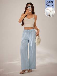 SHEIN PETITE 女款藍白條紋休閒居家長褲，適合春夏穿著，54%棉，適合度假與休閒穿著，小碼女款 - 淺藍色 - 查看 3