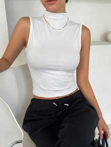 DAZY Women's Solid Color Pleated Summer Stand Collar Slim Fit Tank Top - White - View 2