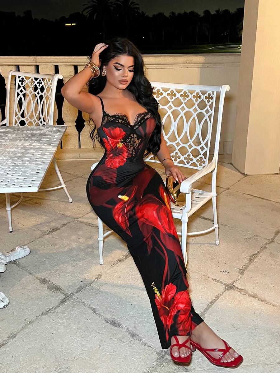 SHEIN SXY 女款蕾絲拼接花卉印花性感約會吊帶洋裝