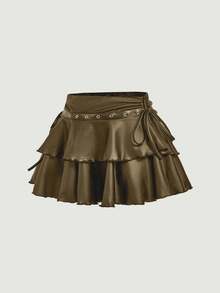 MOD Falda casual de mujer con cordón y nudo, de doble capa, de material de PU - Marrón Mocha - Ver 3