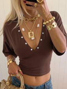 SHEIN EZwear Áo thun ngắn tay nữ cổ chữ V sâu, ôm sát, thích hợp mặc hàng ngày. - Cà phê nâu - Xem 9