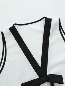 SHEIN LUNE Women's Loose V-Neck White And Black Contrast Bow Tie Strap A-Line Dress, Casual Jamaican European Elegant Beach Vacation Brunch Holiday Long Summer - White - View 5