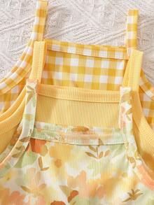 SHEIN Playful Pals 3pcs/Set Baby Girl Skin-Friendly Soft Cute Fashionable Suspenders Pants Set - Yellow - View 8
