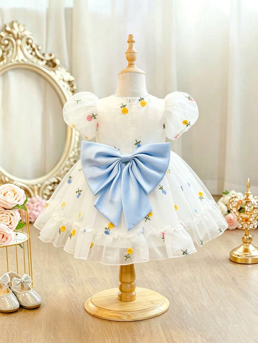 Glamorique Kids 女嬰白色刺繡洋裝，優雅夏季花童公主裙，花卉泡泡袖大裙擺，背後大蝴蝶結，適合生日派對