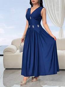 Feyla Women's Elegant Rhinestone Decorated Sleeveless Dress For Summer - Navy Blue - View 12