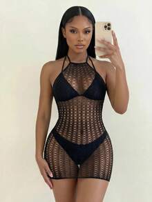 Swim SXY 女款素色鏤空設計掛脖式罩衫洋裝 - 黑色 - 查看 5