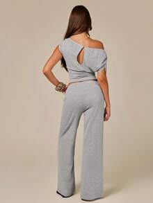 Athîral Women's 2 Pieces Set Off-Shoulder Short Sleeve T-Shirt And Elastic Long Pants, Summer Knit Set, Casual Sexy, Light Grey, All-Season Vacation - Grey - View 2