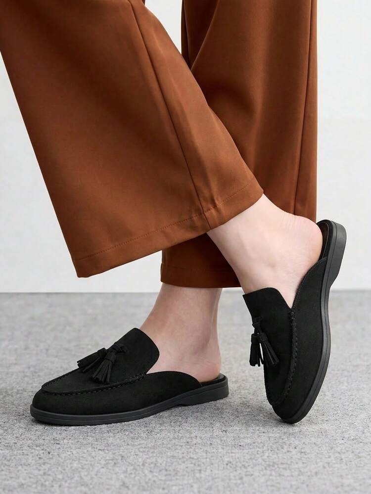 CUCCOO BIZCHIC Fashion Black Suede Fringed Comfortable Commuter Women's Flat Mule Shoes Women's Flat Shoes Slippers Are Suitable For Outdoor Shopping And Work, Daily Comfortable Flat Women's Shoes