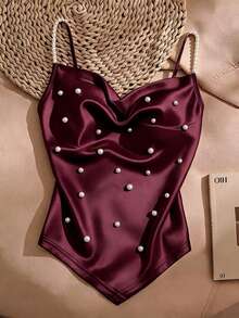 GlowEve CURVE Plus Size Women's French Elegant Casual Vacation, Elastic Knit High-End Satin Fabric, Fitted Flared Hem Draped Neck Design Camisole Top, High-End Beaded Design, Women's Commuting, Elegant , Party Top, Beach, Outing Top, Vacation - Burgundy - View 1