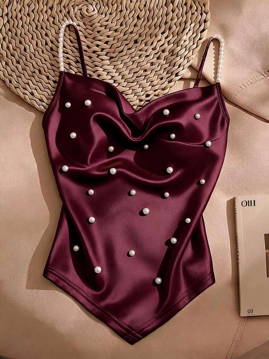 GlowEve CURVE Plus Size Women's French Elegant Casual Vacation, Elastic Knit High-End Satin Fabric, Fitted Flared Hem Draped Neck Design Camisole Top, High-End Beaded Design, Women's Commuting, Elegant , Party Top, Beach, Outing Top, Vacation - Burgundy - View 1