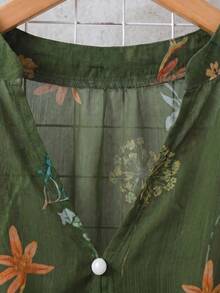 Linhara Vintage V-Neck Lantern Sleeve Loose Casual Plus Size Women Blouse - Olive Green - View 3