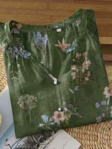 Linhara Vintage V-Neck Lantern Sleeve Loose Casual Plus Size Women Blouse - Olive Green - View 5