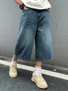 SHEIN 青少年男孩時尚休閒復古酷炫街頭風藍色牛仔寬腿七分褲，寬鬆舒適，適合兒童日常穿著、春夏季派對節慶與街頭穿搭 - 深色水洗藍 - 查看 5