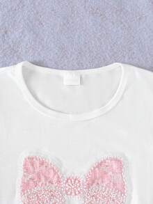SHEIN Tween Girls' Summer Casual T-Shirt Set, Bow Embroidery Pattern Round Neck Short Sleeve T-Shirt And Cargo Long Pants 2-Piece Set, Suitable For Spring/Summer Cool Fashion Outfits - Multicolor - View 3
