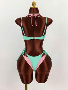 Amplova Women's 2 Pieces Faux Swimsuit Set, Fuchsia And Yellow Color Block, Sexy Avant-Garde Design, Perfect For Beach Vacation Outfits - Green - View 2