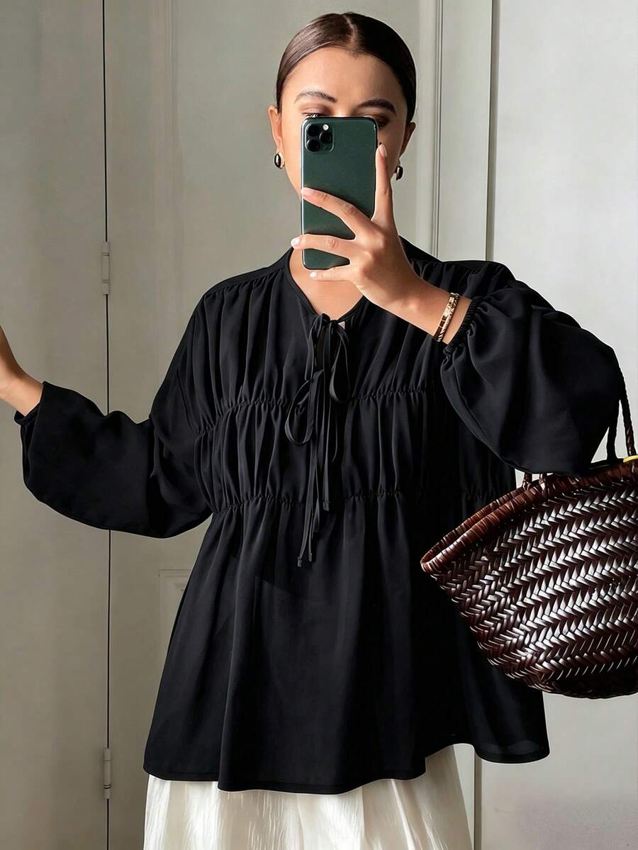 DAZY 女款純色寬鬆抓皺前綁帶套頭長袖優雅度假風春夏/秋冬襯衫上衣,夏季大碼款 - 黑色 - 查看 1